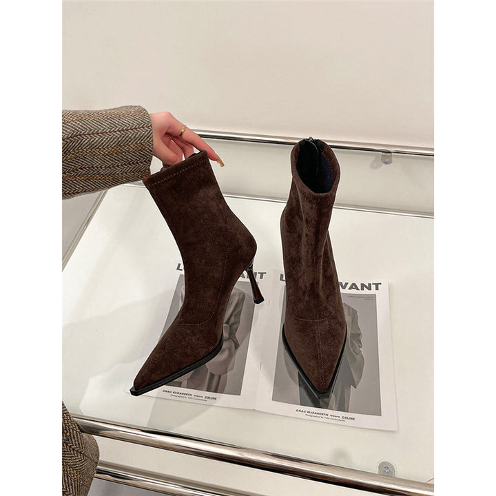 Women pointed toe ankle boots made of suede look with sock-like shaft and slim stiletto heel Mune Fashion