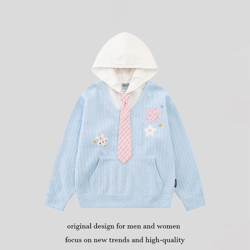 Women's hoodie with V-neck, attached tie application and star patches Mune Fashion