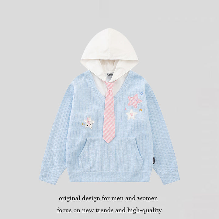 Women's hoodie with V-neck, attached tie application and star patches Mune Fashion