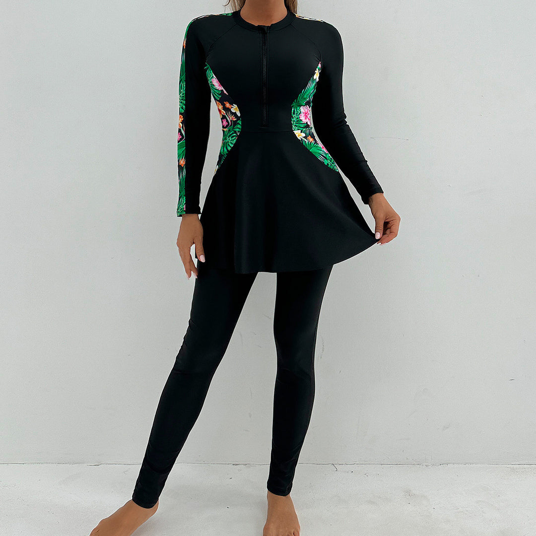 Women's Sporty Long Sleeve Swimming Suit with Flattering Skirt Mune Fashion