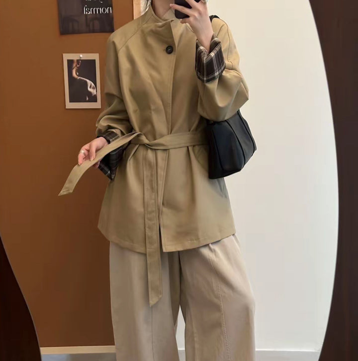 Women Tailored Transitional Parka with Tie Belt and Checked Sleeve Trim Mune Fashion