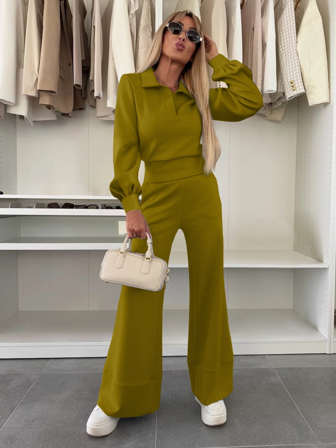 Women's Two Piece Lounge Set with Polo Collar and High Waist Palazzo Pants Mune Fashion