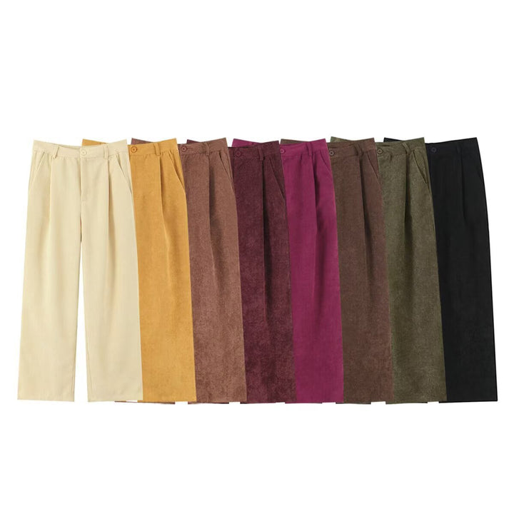 Women High-Waisted Cord Pants with Wide Leg and Pleats Mune Fashion