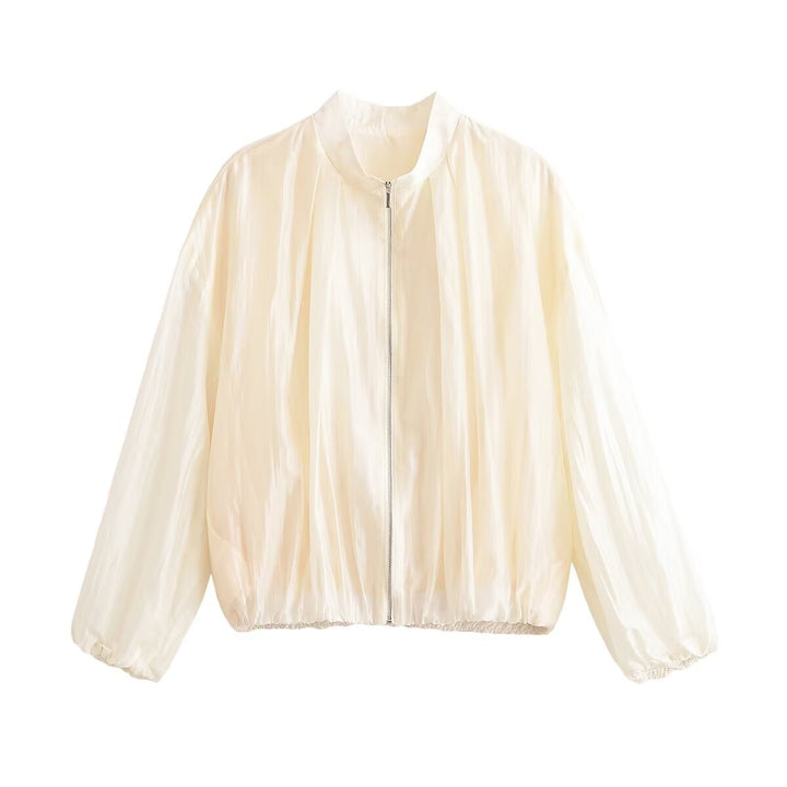 Women's Lightweight Transparent Cropped Bomber Jacket made of Silky Shiny Material with Zipper Mune Fashion