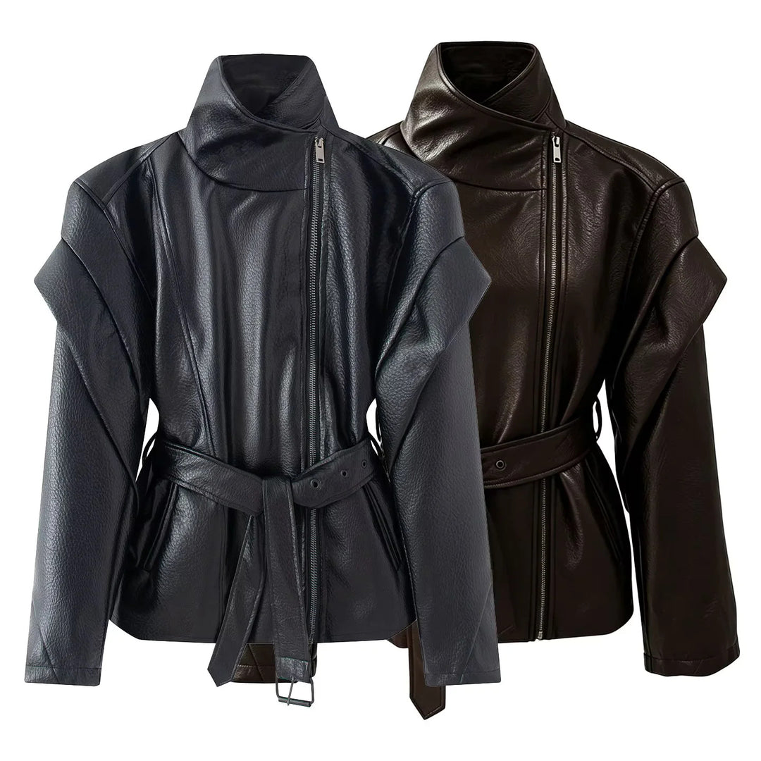 Women's fitted faux leather jacket with asymmetric zipper, high stand-up collar, and tie belt Mune Fashion
