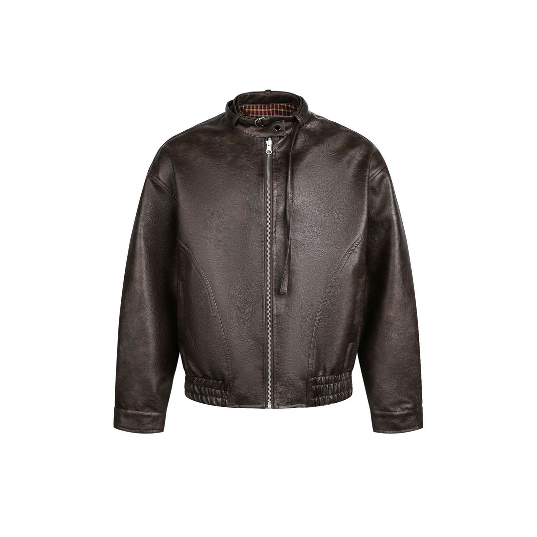 Men's leather pilot jacket with buckle collar and gathered hem Mune Fashion