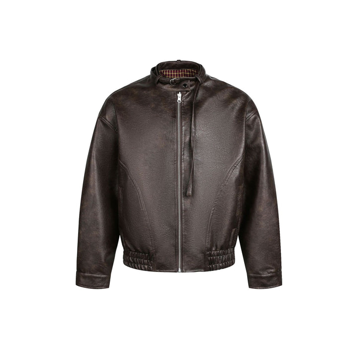 Men's leather pilot jacket with buckle collar and gathered hem Mune Fashion