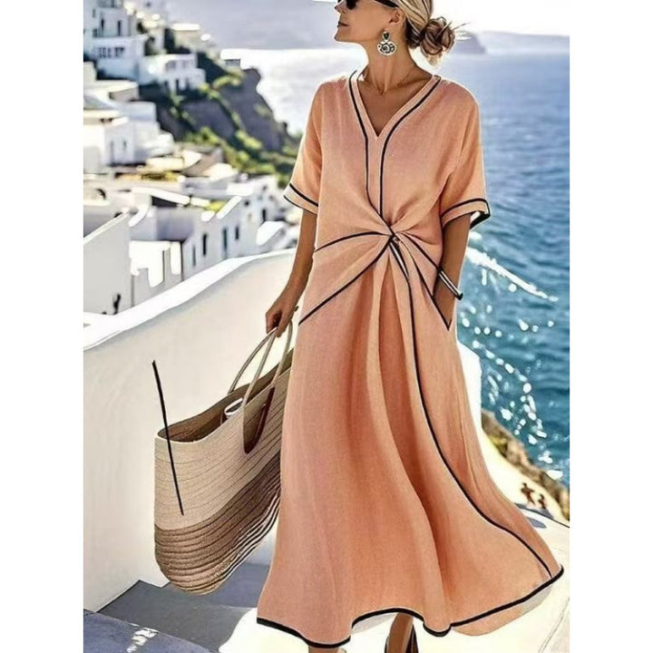 Women's maxi dress with V-neck, side knot and contrast piping Mune Fashion