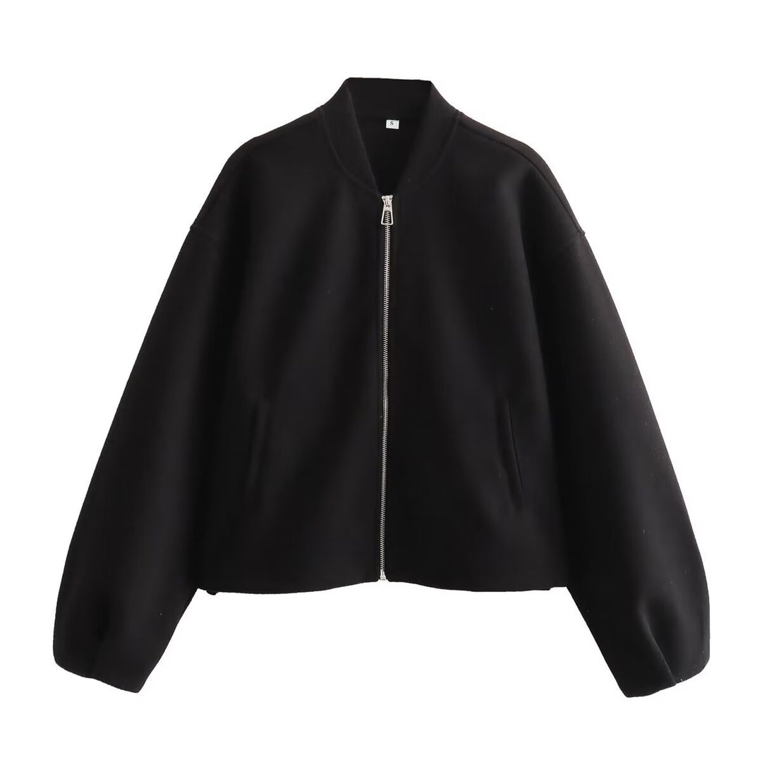 Women Short Bomber Jacket made of Wool Blend with Zipper, Drawstring Hem and Dropped Shoulder Mune Fashion