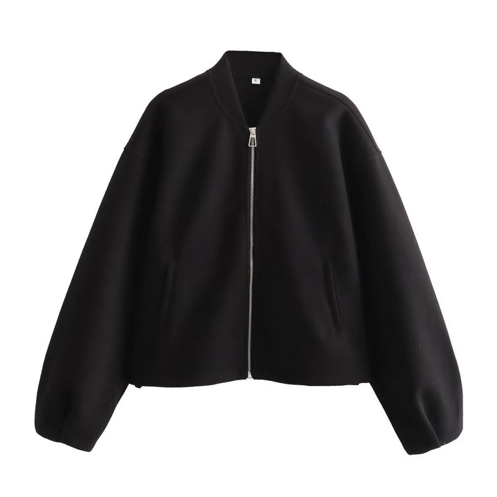 Women Short Bomber Jacket made of Wool Blend with Zipper, Drawstring Hem and Dropped Shoulder Mune Fashion
