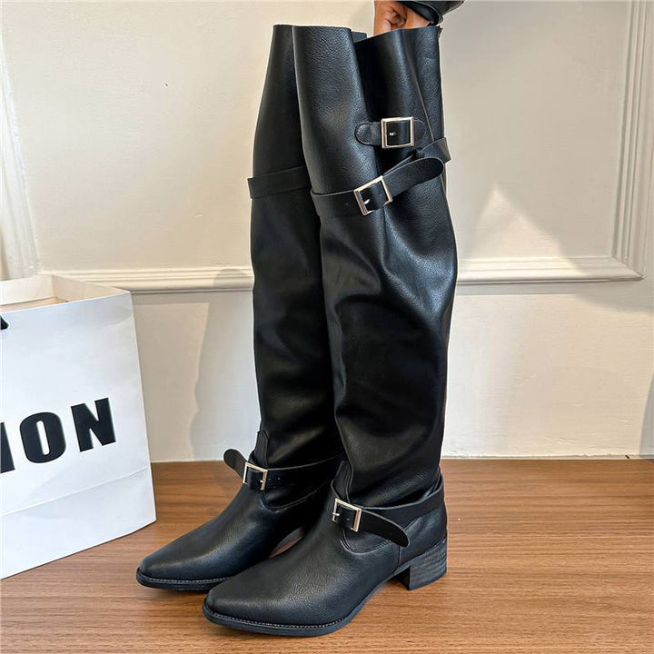 Ladies Knee-High Riding Style Boots with Adjustable Buckles Mune Fashion