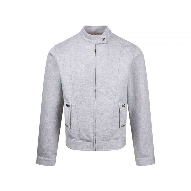 Men's short-cut jersey bomber jacket with high stand-up collar, concealed zipper and flap pockets Mune Fashion