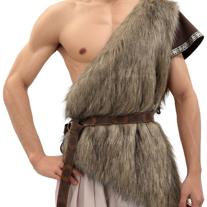 Unisex shoulder cape made of faux fur with decorative leather belt and asymmetrical cut Mune Fashion