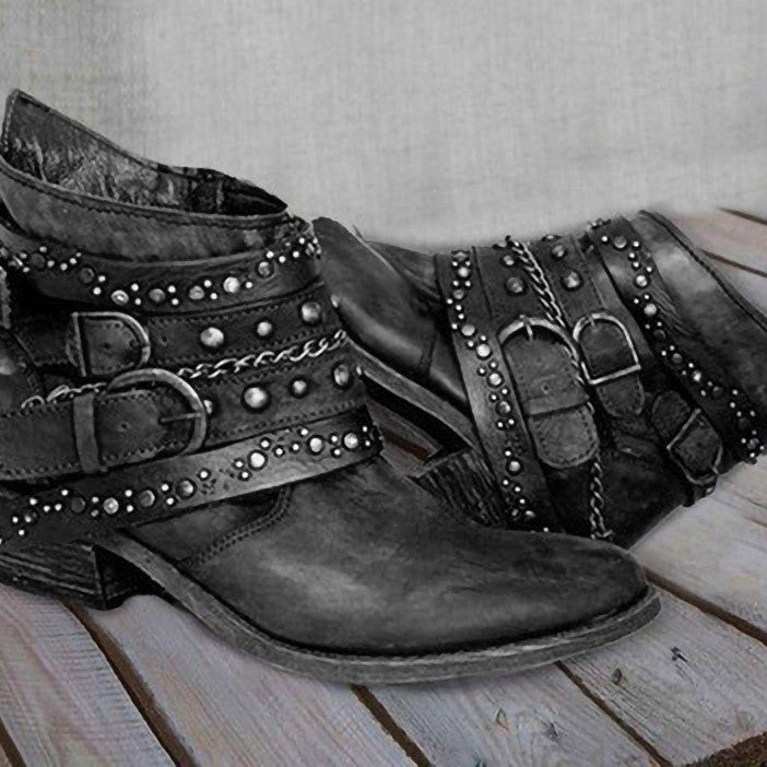 Women ankle-high biker ankle boots with multiple studded straps, decorative chains, and adjustable buckles Mune Fashion