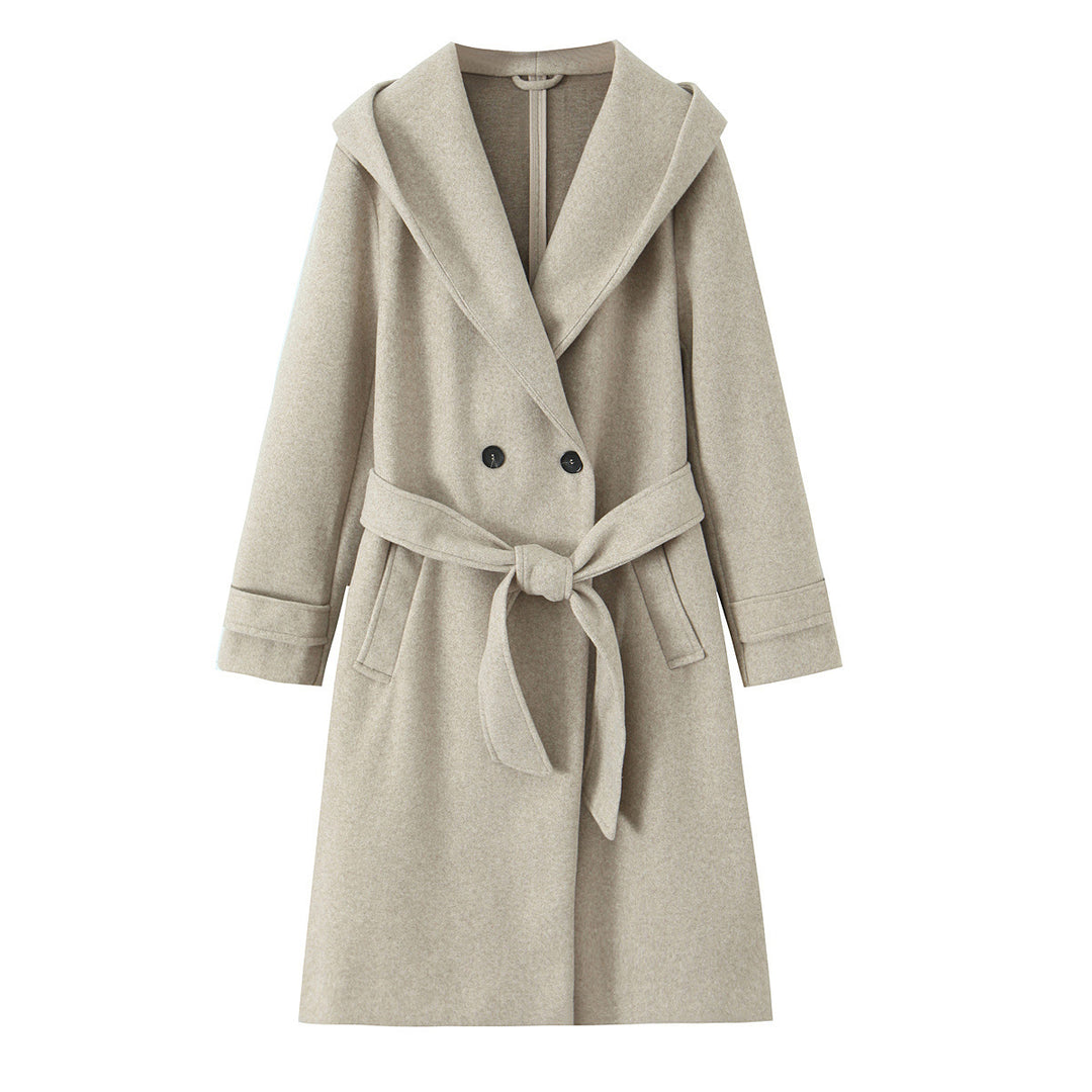 Women's Longer Tailored Coat with Hood, Tie Belt and Double-Breasted Button Placket Mune Fashion
