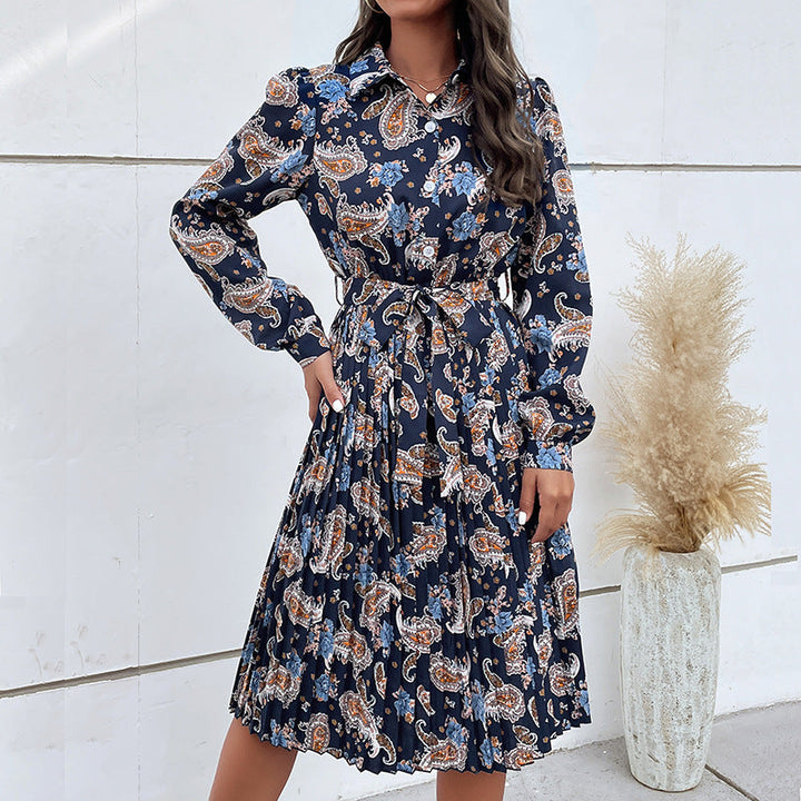 Women's shirt dress with paisley print, waist belt and pleated skirt Mune Fashion