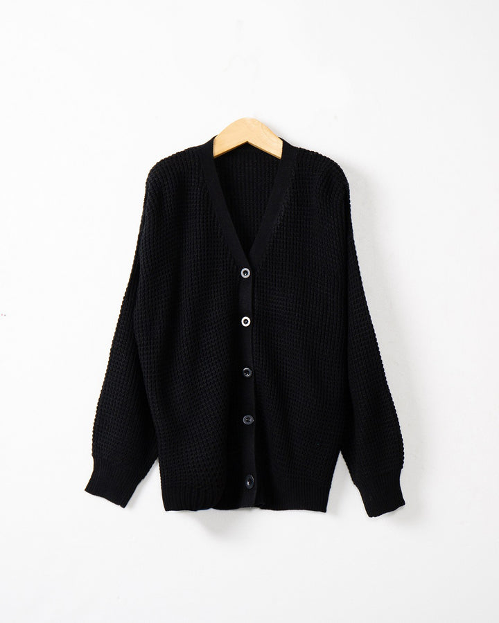 Women Waffle Structure Cardigan with Deep V Neck and Boxy Oversized Cut Mune Fashion
