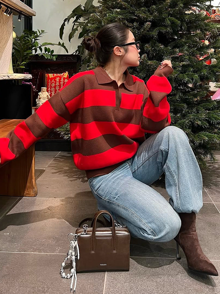 Women Oversize Rugby Knitted Sweater with Polo Collar & Wide Block Stripes Mune Fashion