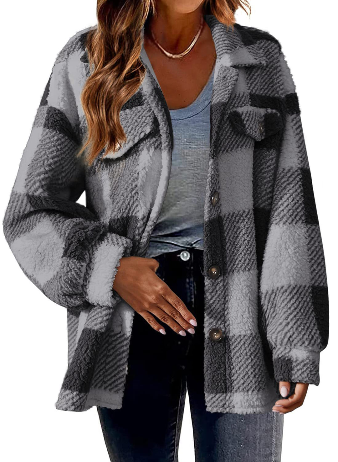 Women's cozy Sherpa check transitional jacket with chest pockets and generous oversized cut Mune Fashion
