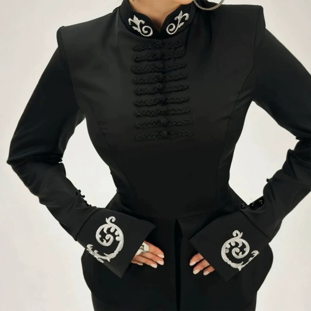 Women tailored satin jacket with mandarin collar, decorative cord closures and embroidered cuffs Mune Fashion