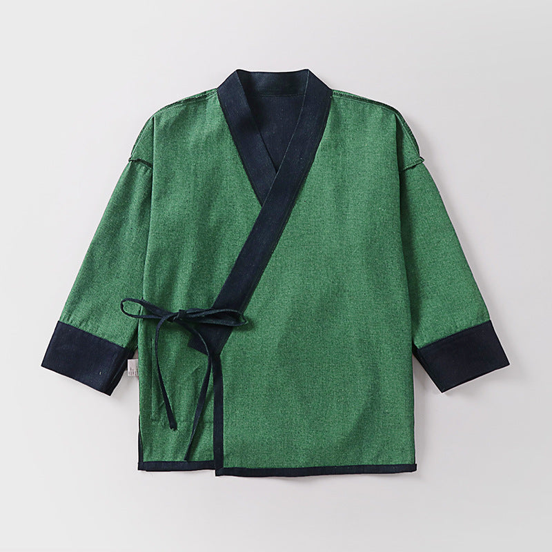 Unisex Lightweight Wrap Kimono Jacket made of Linen-Cotton Blend with Contrast Trim and Tie Belt Mune Fashion