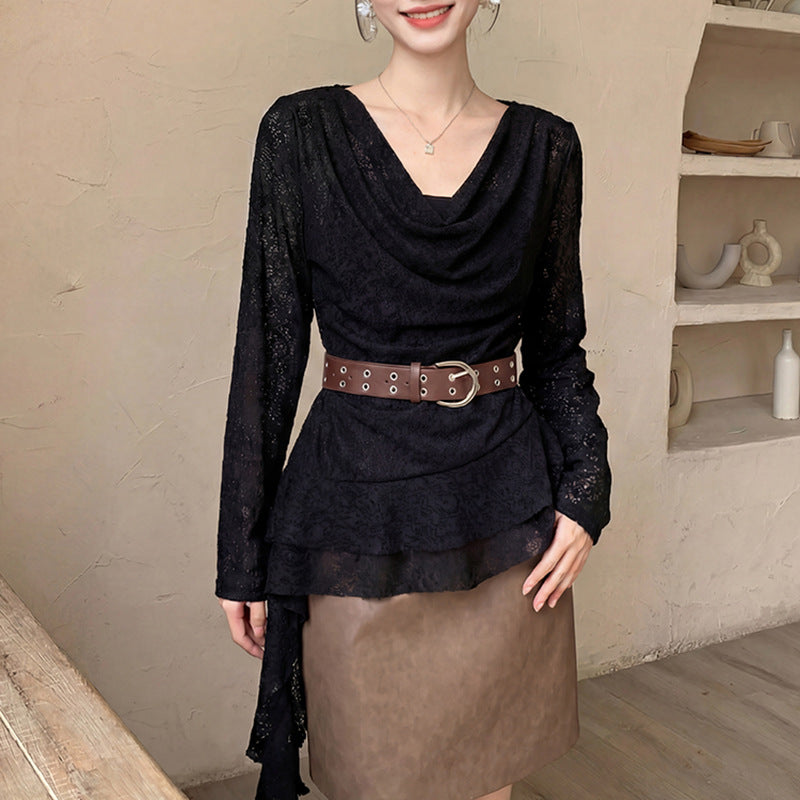 Women's nan draped lace top with asymmetrical pointed hem and waist belt Mune Fashion
