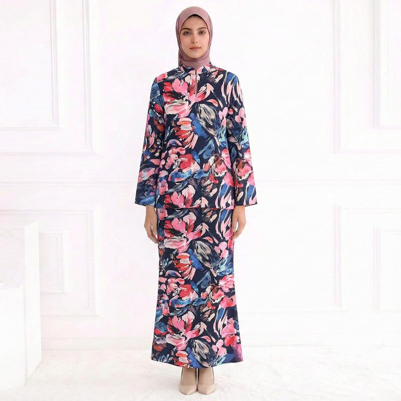Ladies Two-Piece Modest Set consisting of Tunic with Stand-up Collar and Straight Maxi Skirt with Floral Print Mune Fashion