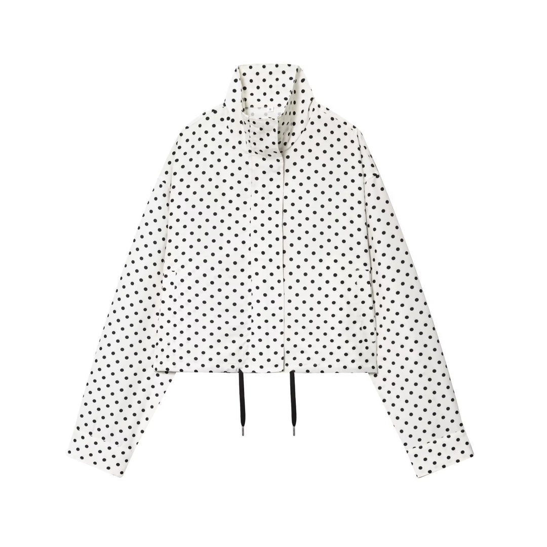 Women's Polka Dot Cropped Transitional Jacket with Funnel Neck and Drawstring Mune Fashion