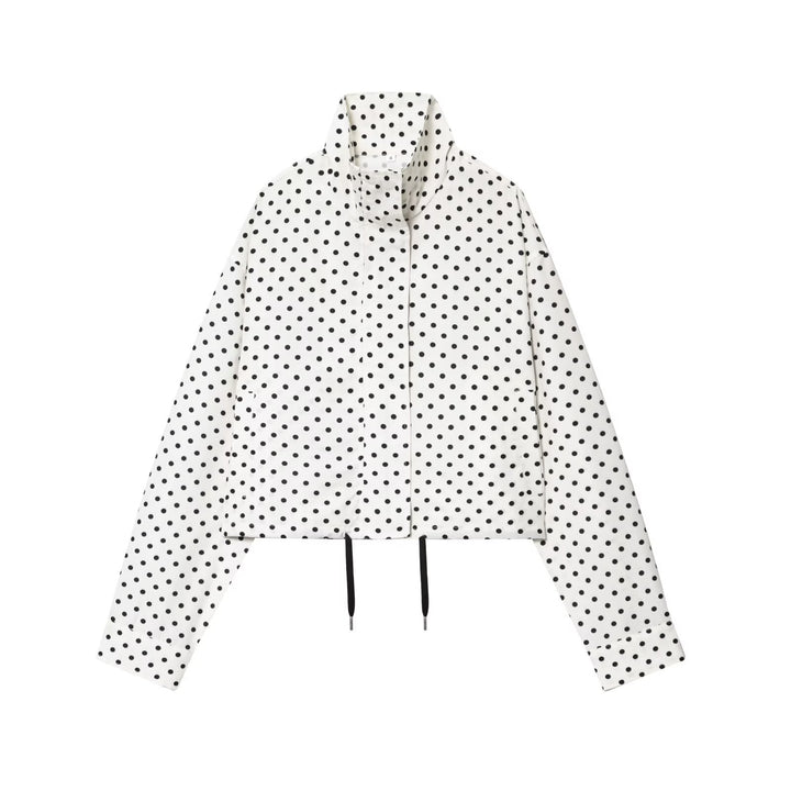 Women's Polka Dot Cropped Transitional Jacket with Funnel Neck and Drawstring Mune Fashion