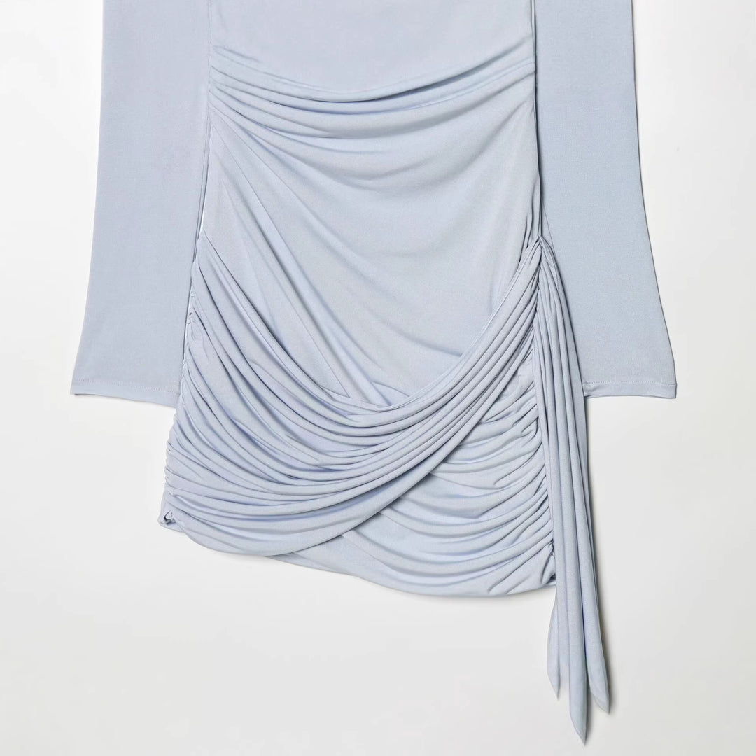 Women's Draped Jersey Mini Dress with Deep Waterfall Neckline and Side Cord Mune Fashion
