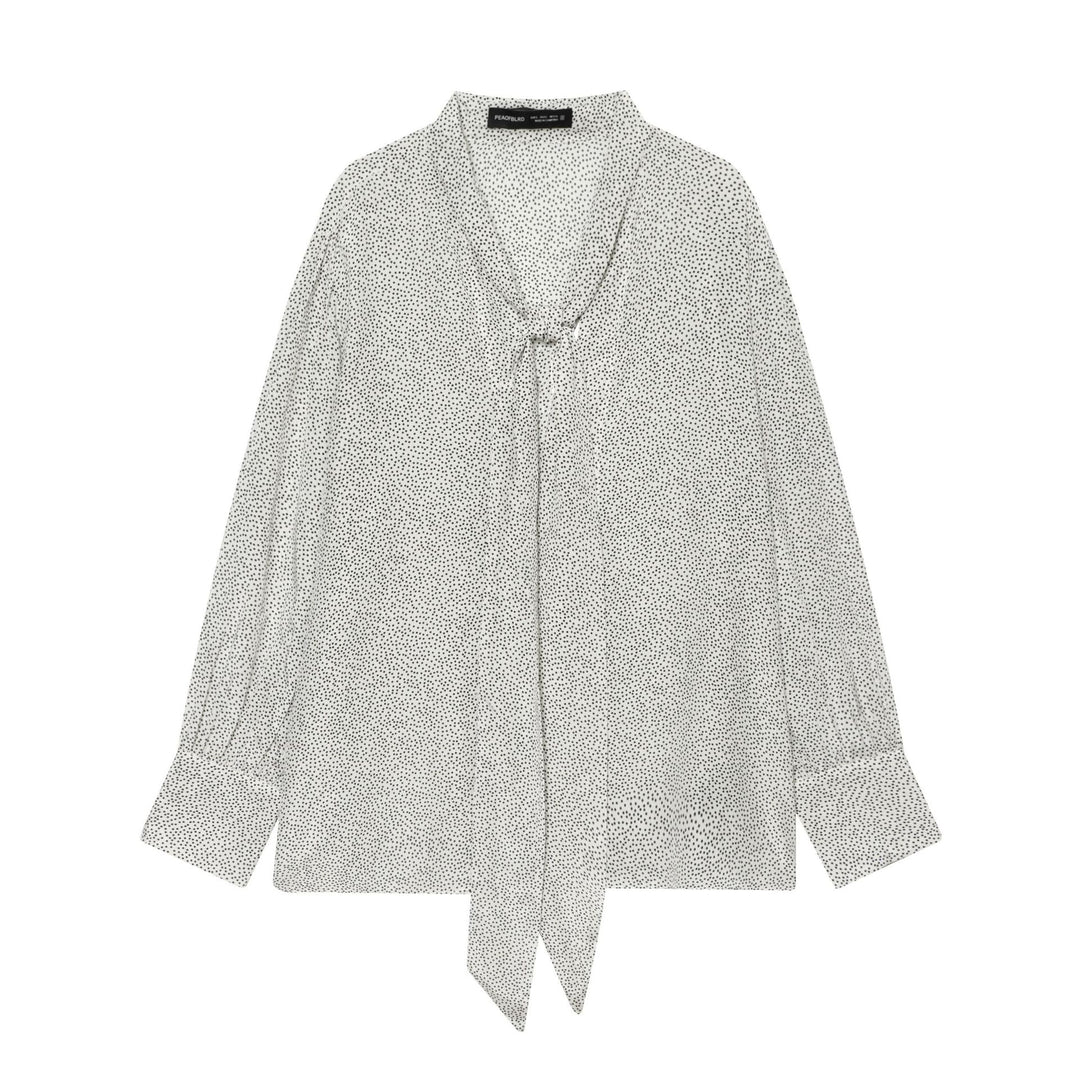 Women's polka dot tie scarf blouse with V-neck, knot band and relaxed fall Mune Fashion