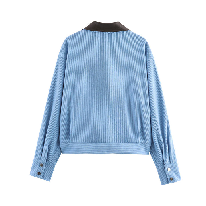 Women Ribbed Structure Short Jacket with Faux Leather Collar and Flap Pockets Mune Fashion