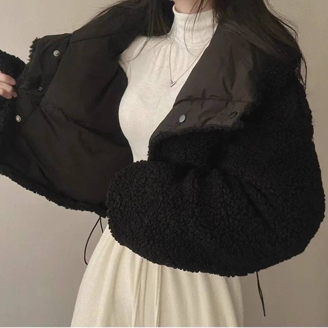 Women's short quilted puffer jacket with teddy collar, roll-up sleeves, and drawstring hem Mune Fashion