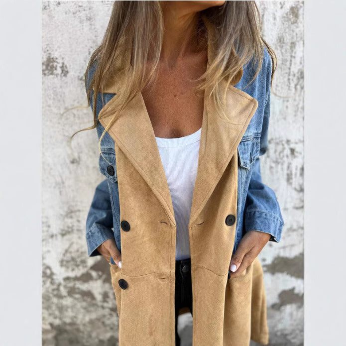 Women's Oversize Jeans Blazer with Contrasting Suede Insert and Double Button Placket Mune Fashion