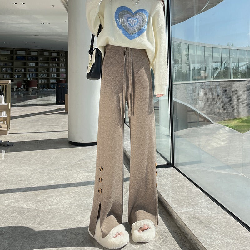 Women's Wide-Cut Knitted Pants with Button Details Mune Fashion