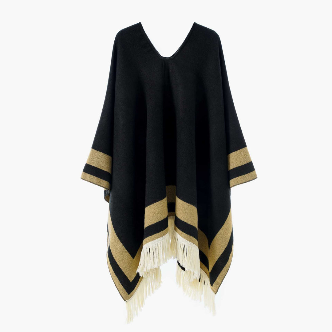 Women Oversize Poncho-Cape with V-neck and Fringe Hem Mune Fashion
