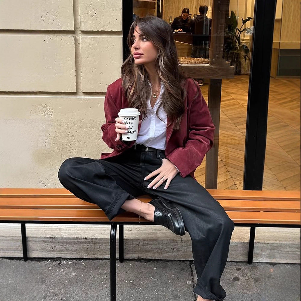 Women's suede blazer with a casual cropped fit and shirt collar Mune Fashion