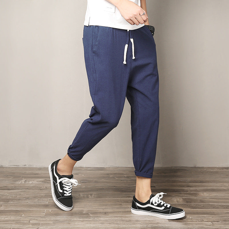 Men's lightweight linen trousers with elastic waistband and drawstring, tapered fit and roll-up hem Mune Fashion