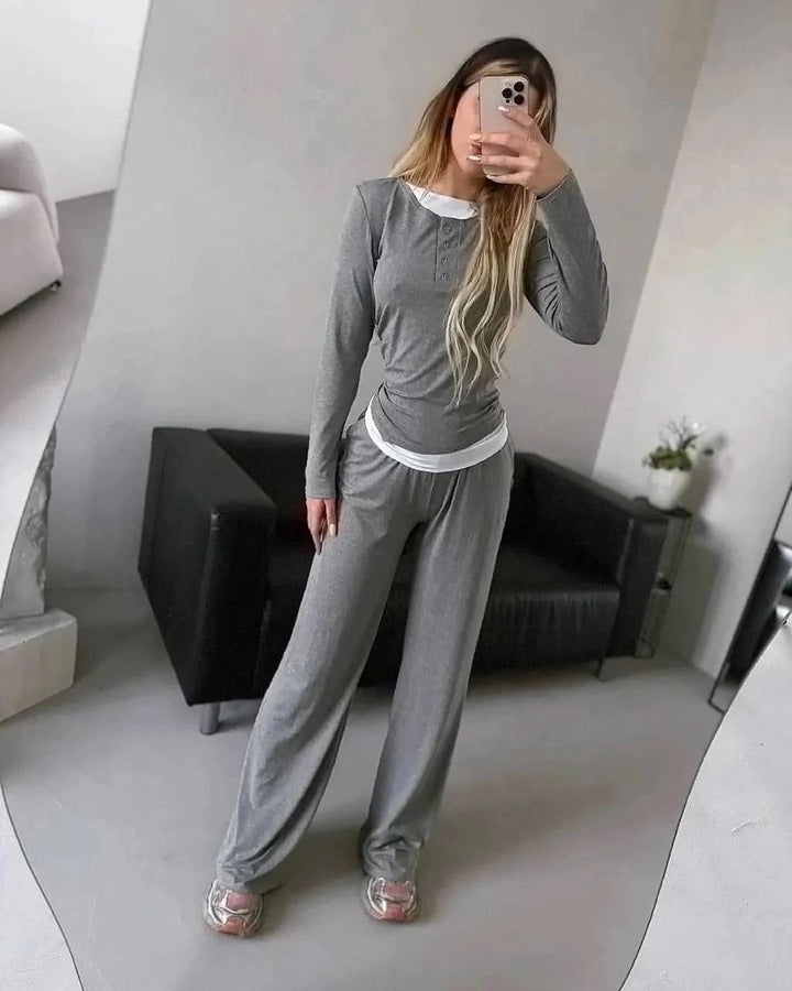 Women's loungewear set made of soft modal with Henley button placket and wide high-waist lounge pants Mune Fashion