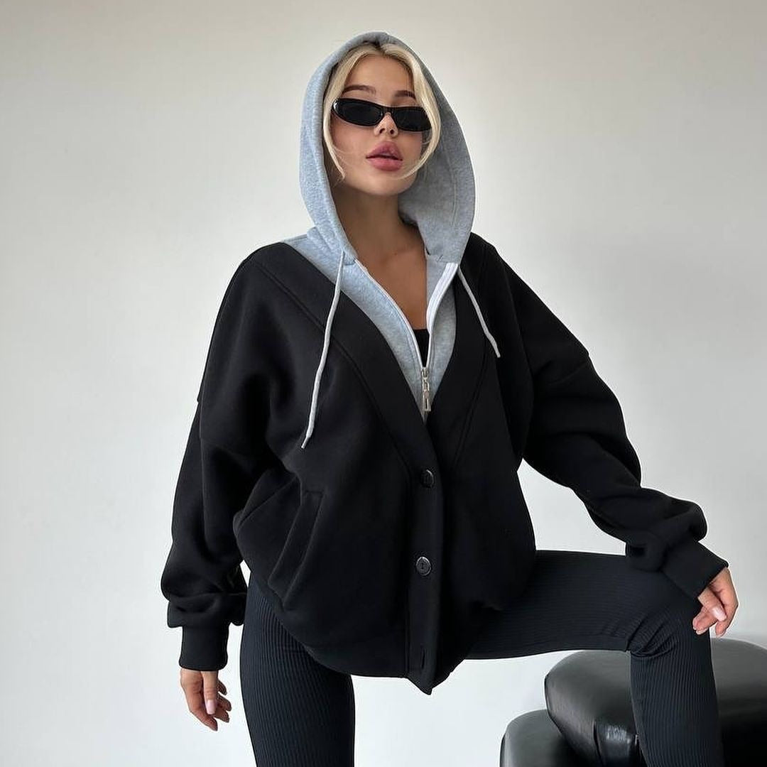 Women Oversized Hooded Jacket with Snap Button Closure and Side Pockets Mune Fashion