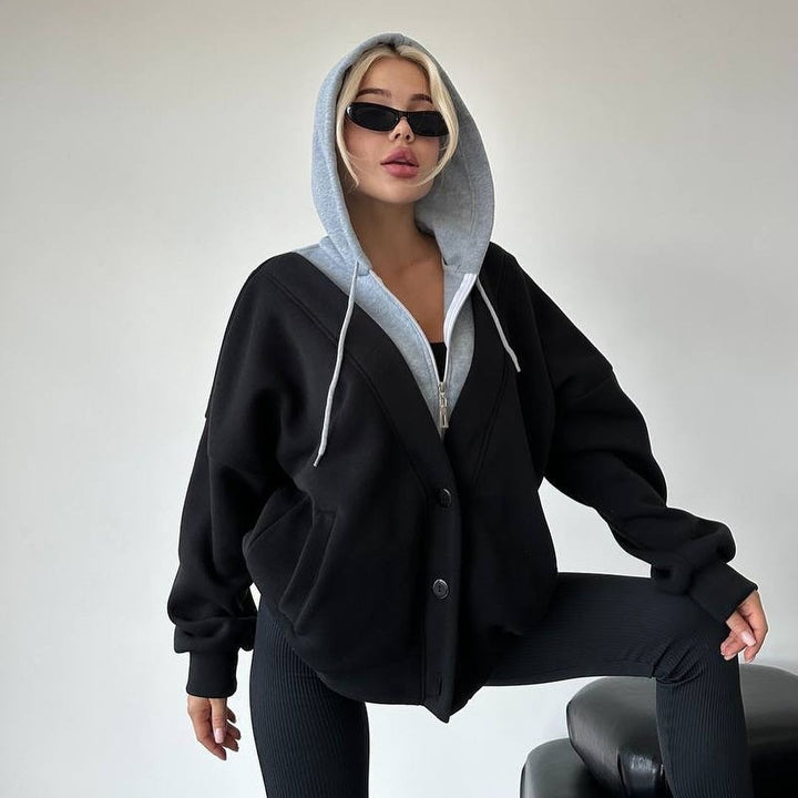 Women Oversized Hooded Jacket with Snap Button Closure and Side Pockets Mune Fashion