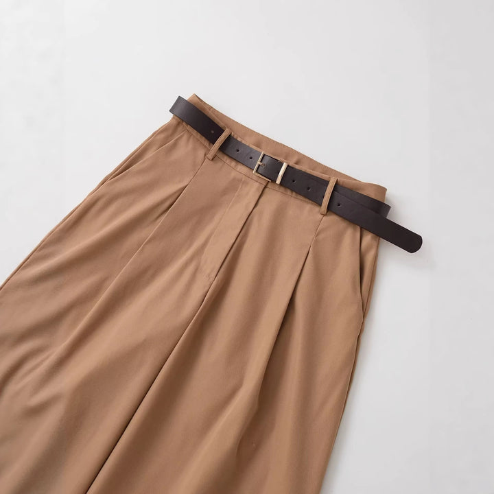 Women High-Waisted Palazzo Pants with Pleats and Waist Belt Mune Fashion