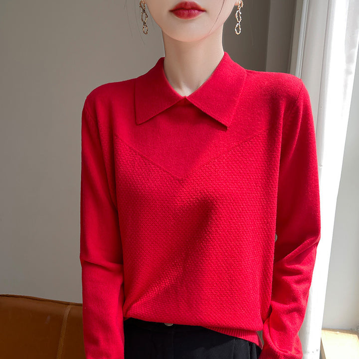 Women's Knit Sweater with Shirt Collar and Textured Front Mune Fashion