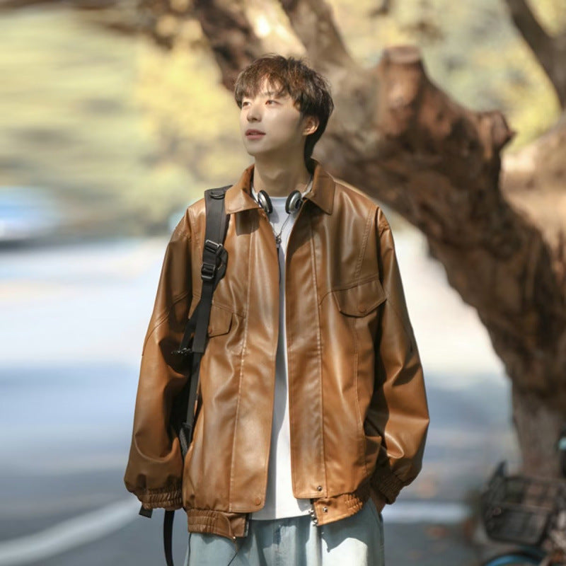 Men's Oversized Faux Leather Bomber Jacket with Flap Pockets Mune Fashion