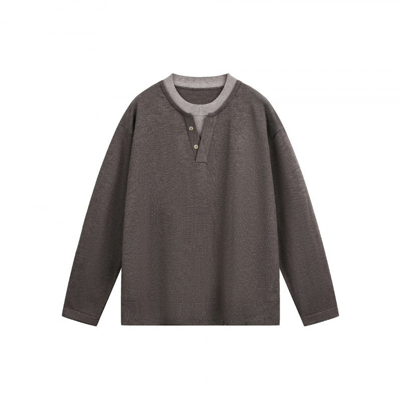Men's Lightweight Fine Knit Henley Sweater with Contrast Collar and Relaxed Fit Mune Fashion