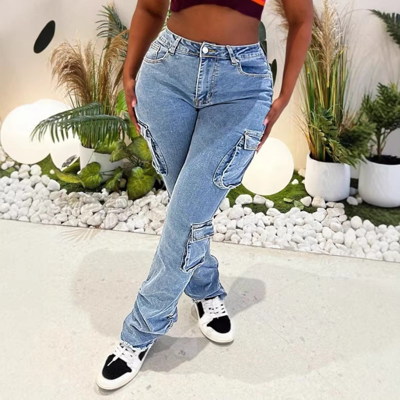 Ladies Cargo Denim Jeans with High Waist, Slim Fit Hips and Patch Utility Pockets Mune Fashion