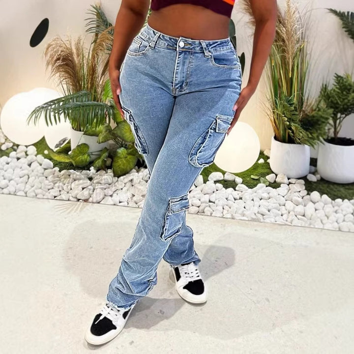 Ladies Cargo Denim Jeans with High Waist, Slim Fit Hips and Patch Utility Pockets Mune Fashion