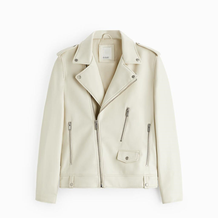 Women's biker jacket in vegan leather look with asymmetric zip front and shoulder flaps Mune Fashion