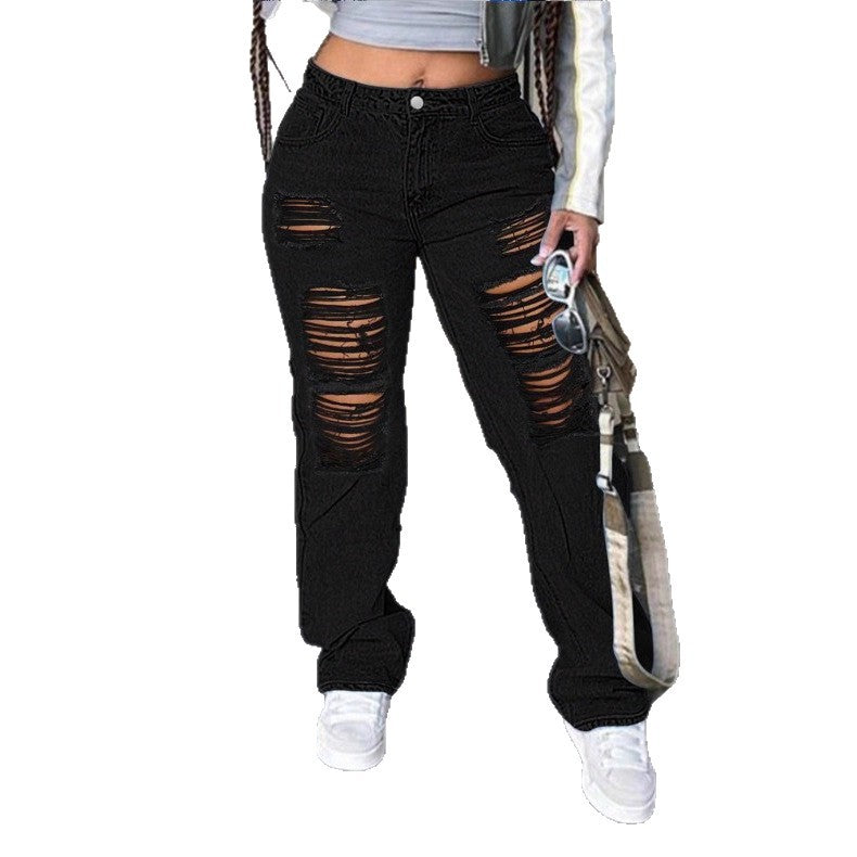Women's high-cut wide denim jeans with pronounced ripped details and a casual fit Mune Fashion