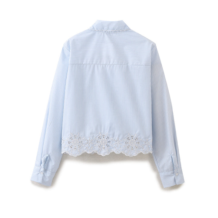 Women's Striped Short Blouse with Lace Collar and Crochet Trim Mune Fashion